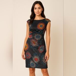 Outback‎ Red Floral Ruched Sheath Dress S Black Multicolor Abstract Flowers